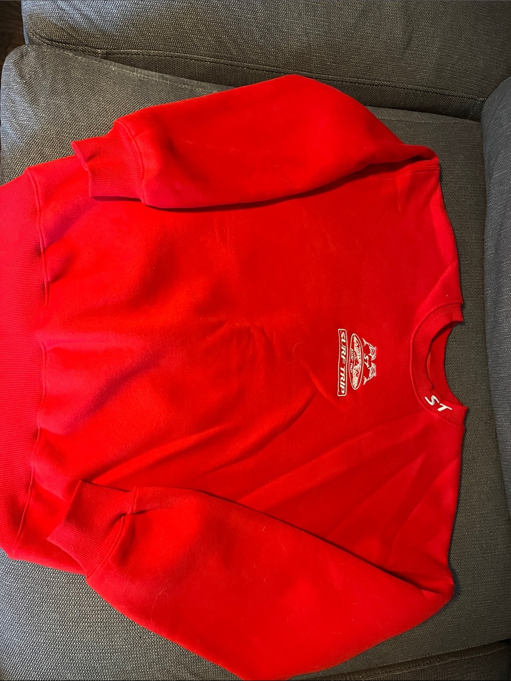 Red Crewneck Sweatshirt with Small Chest Emblem - Surf Trip